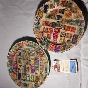 Rare & Vintage Handmade 1950s Vintage Deco Plates With Vintage Stamps